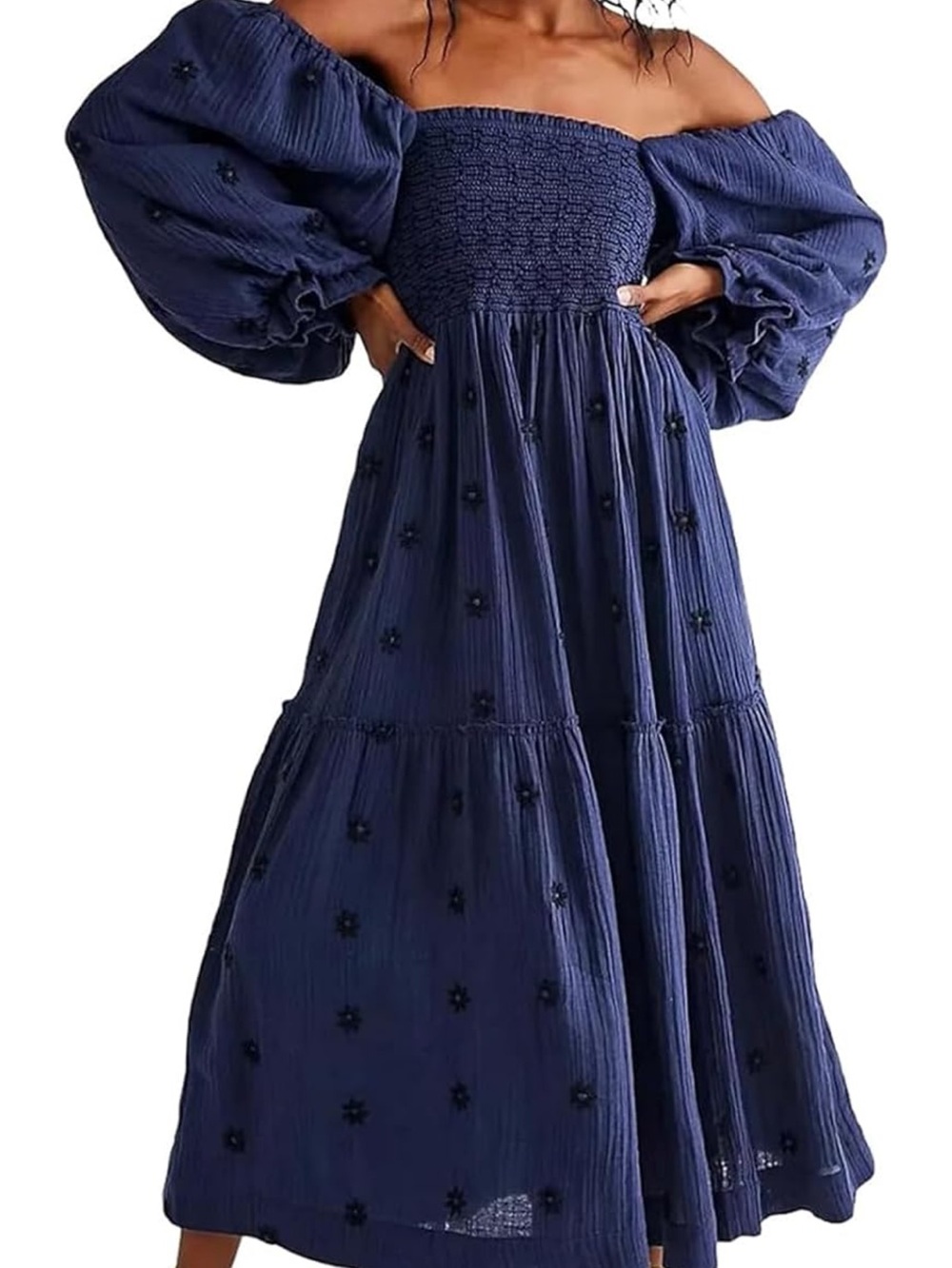 Amazon Navy Off-Shoulder Maxi Dress with Puff Sleeves